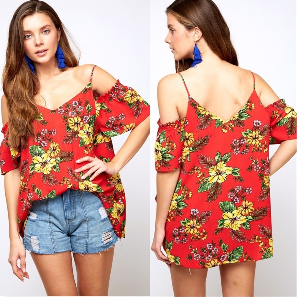 Top Cold MARIE Red Floral Print Cold Shoulder Top - Picture 2 of 5